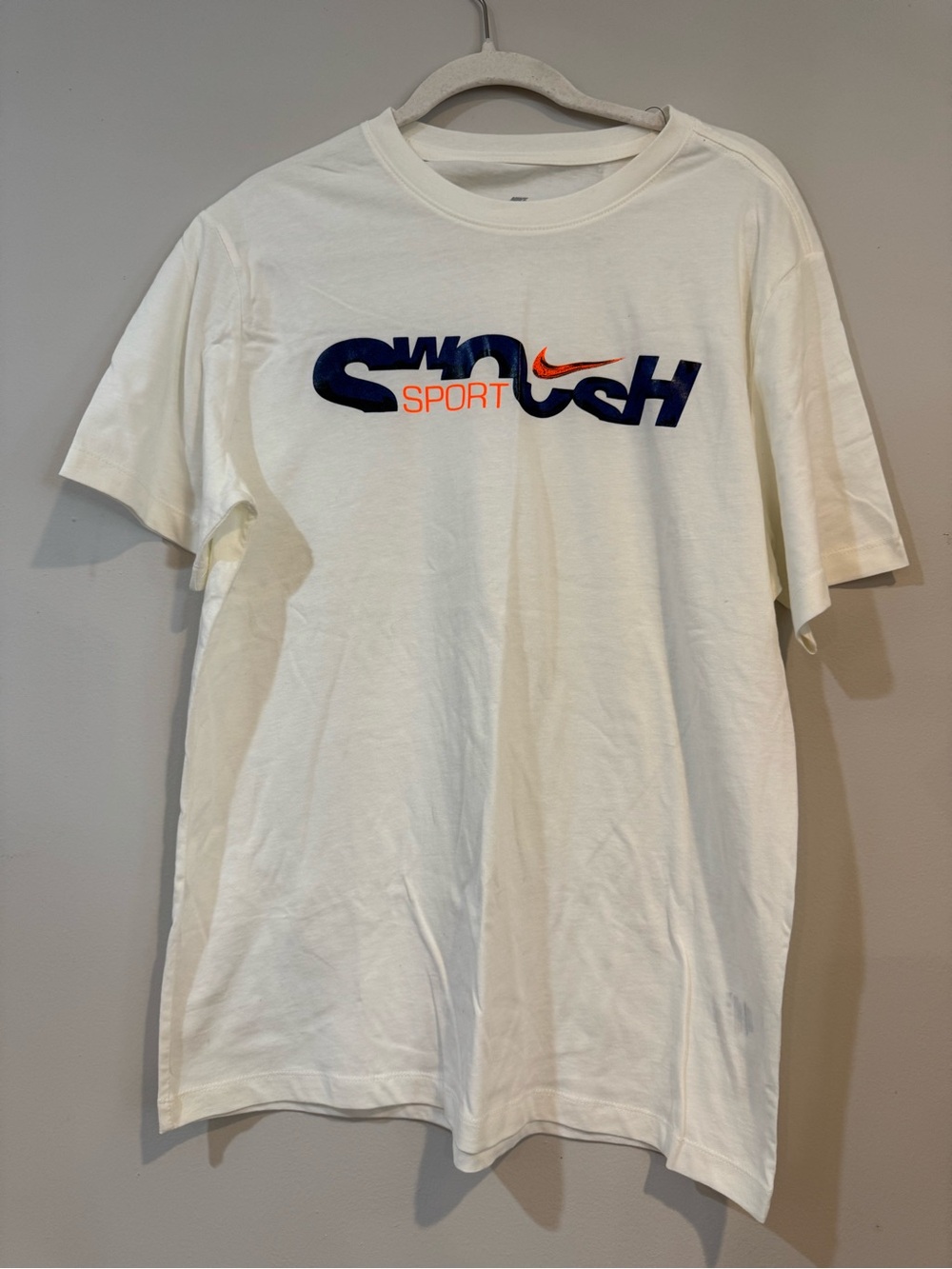 Nike White Short-Sleeve 'Swoosh Sport' Graphic Tee with Blue and Orange Logo